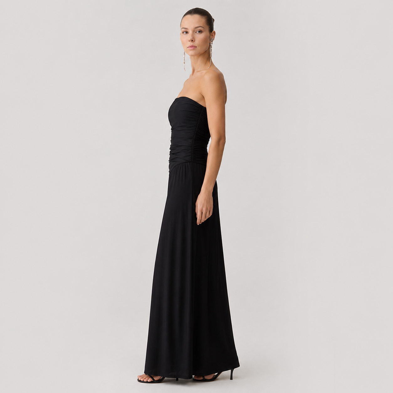Blythe Strapless Ruched Lace-Up Maxi Dress in Black