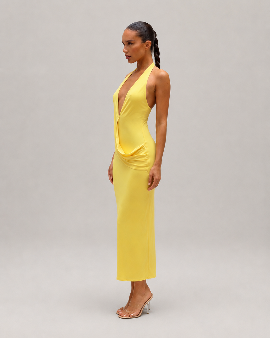 Honor Halter Deep V Backless Draped Split Maxi Dress