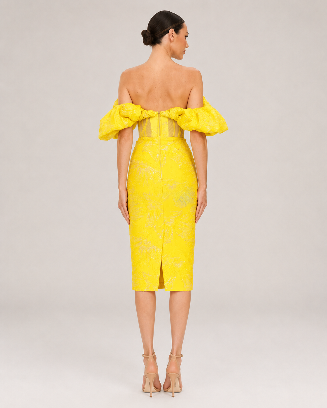 Marigold Ruffle Trim Sequin Jacquard Dress in Yellow
