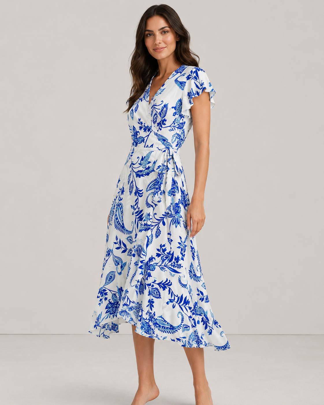 Flora Flutter Sleeve Lace-Up Print Midi Dress