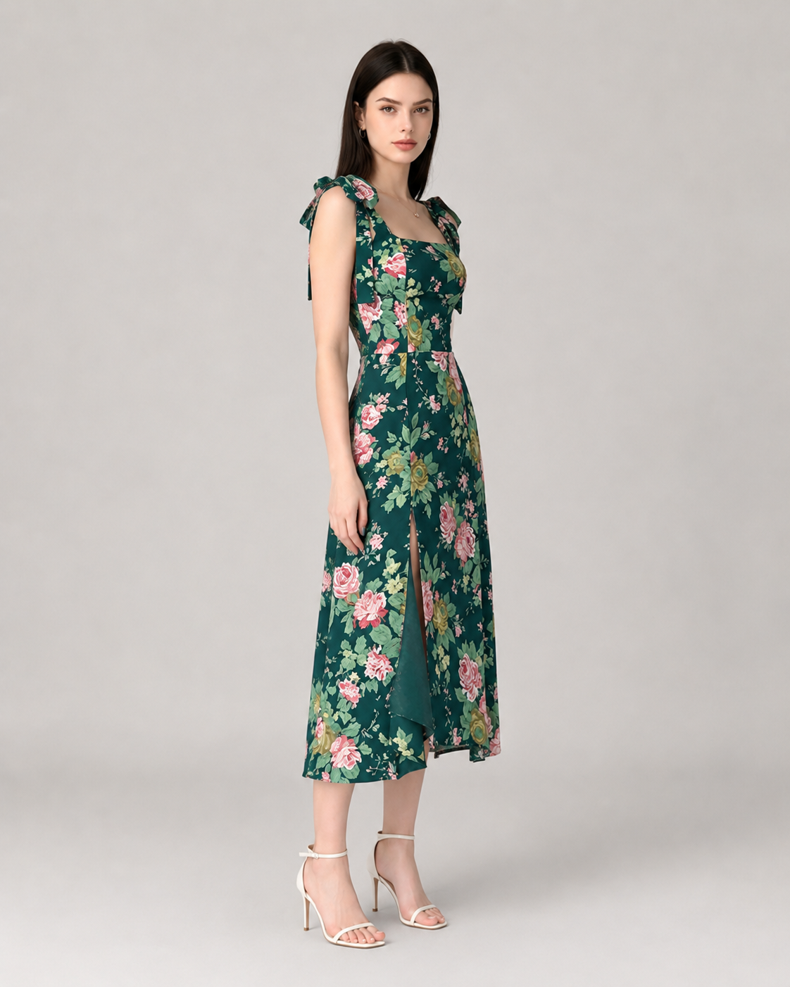 Camille Square Neck Floral Midi Dress in Vintage Green