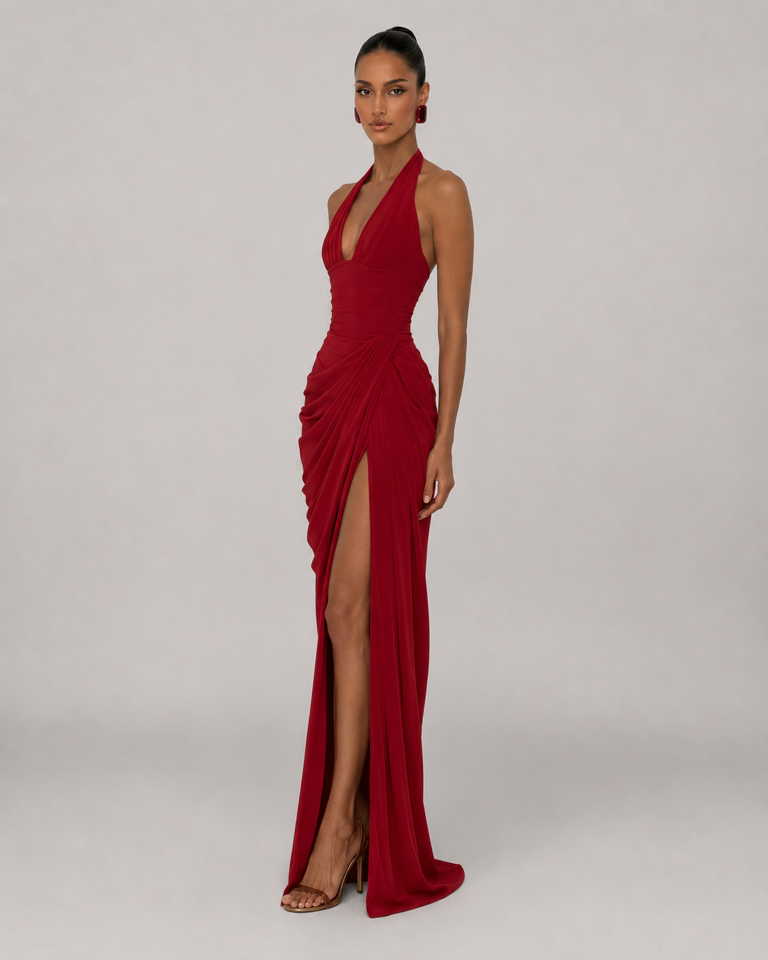 Xanthe Halter Deep V Ruched High Slit Satin Maxi Dress