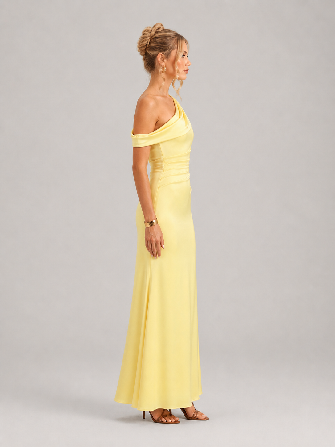 Etta One Shoulder Satin Bodycon Maxi Dress in Yellow