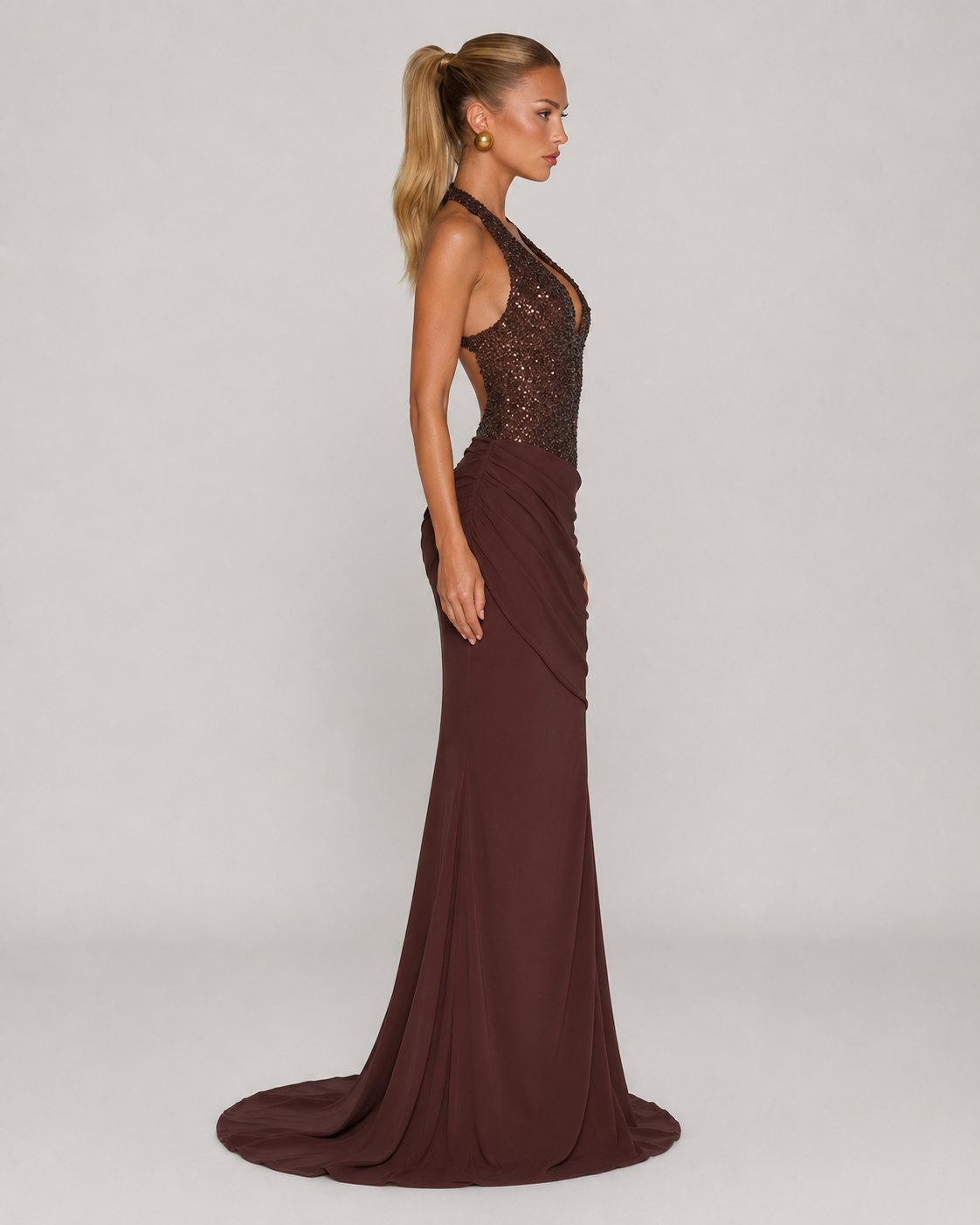 Rosetta Sequin Halter Bodycon Maxi Dress in Chestnut