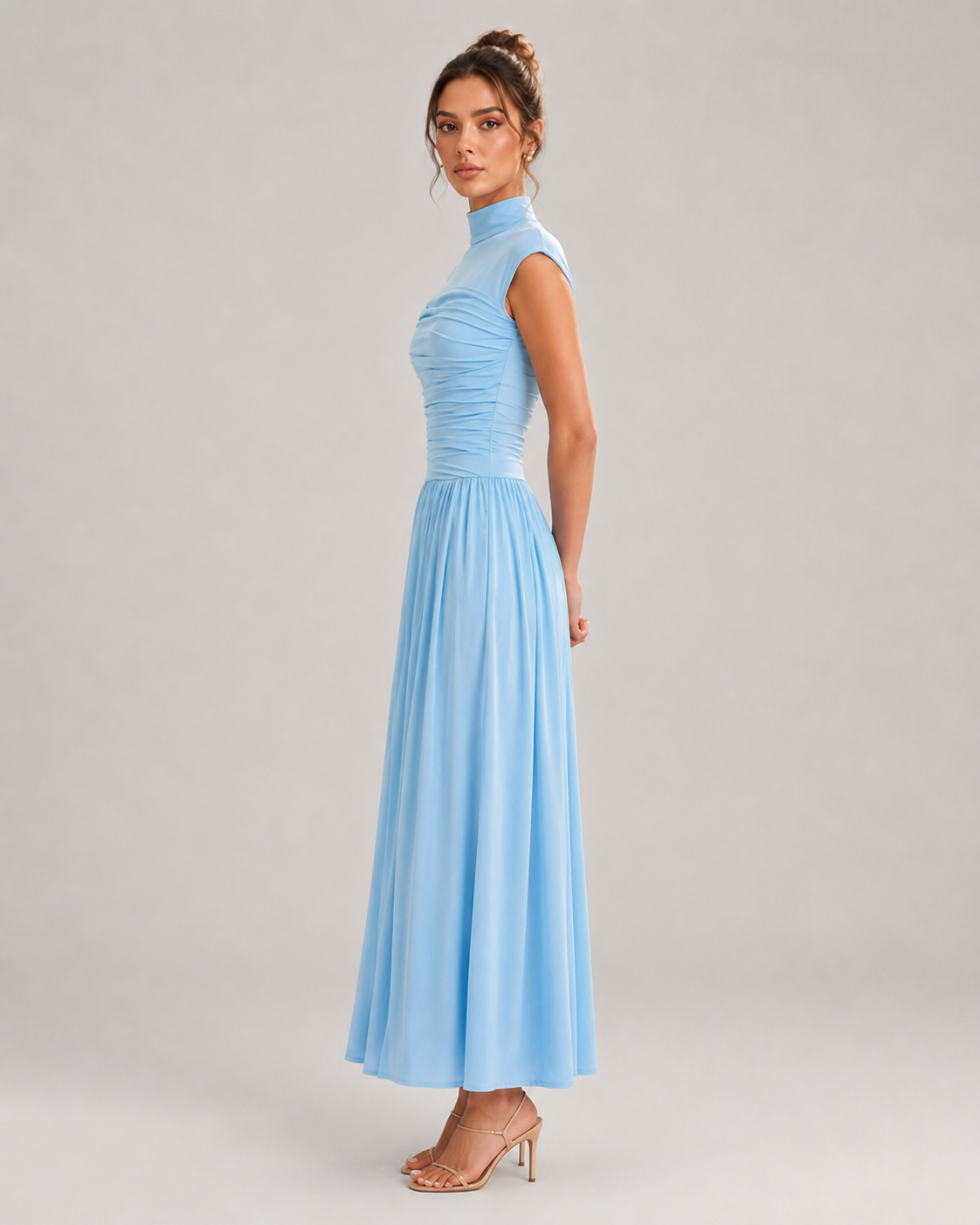 Pearl Long Sleeve Draped Fold Detail Maxi Dress in Blue