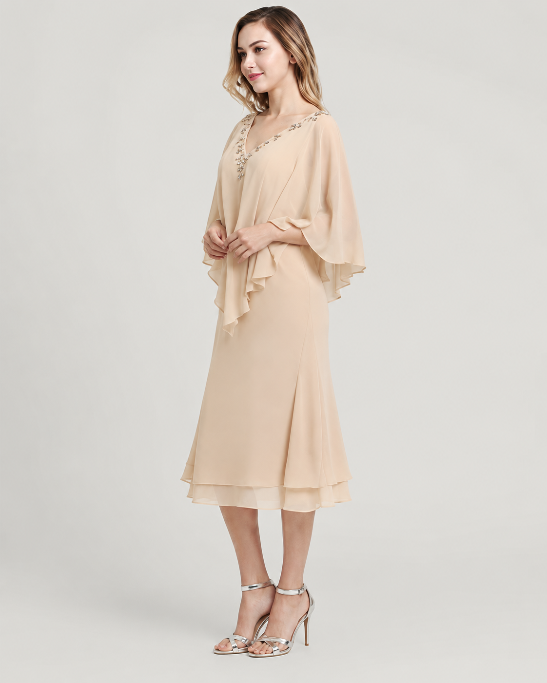 Constance Crystal Chiffon Tea Length Dress with Sleeves
