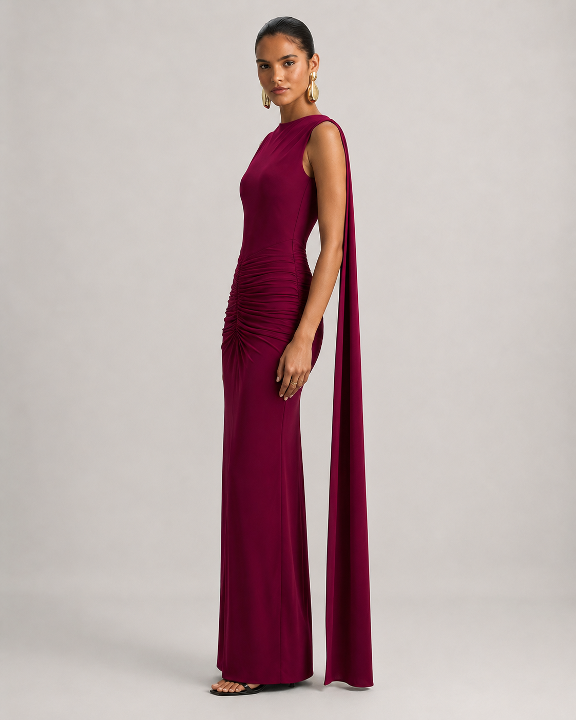 Verena Square Neck Backless Ruched Maxi Dress with Ribbon