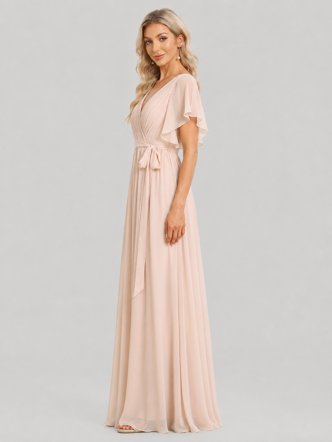 Dahlia Ruffle Sleeve Deep V Chiffon Maxi Dress