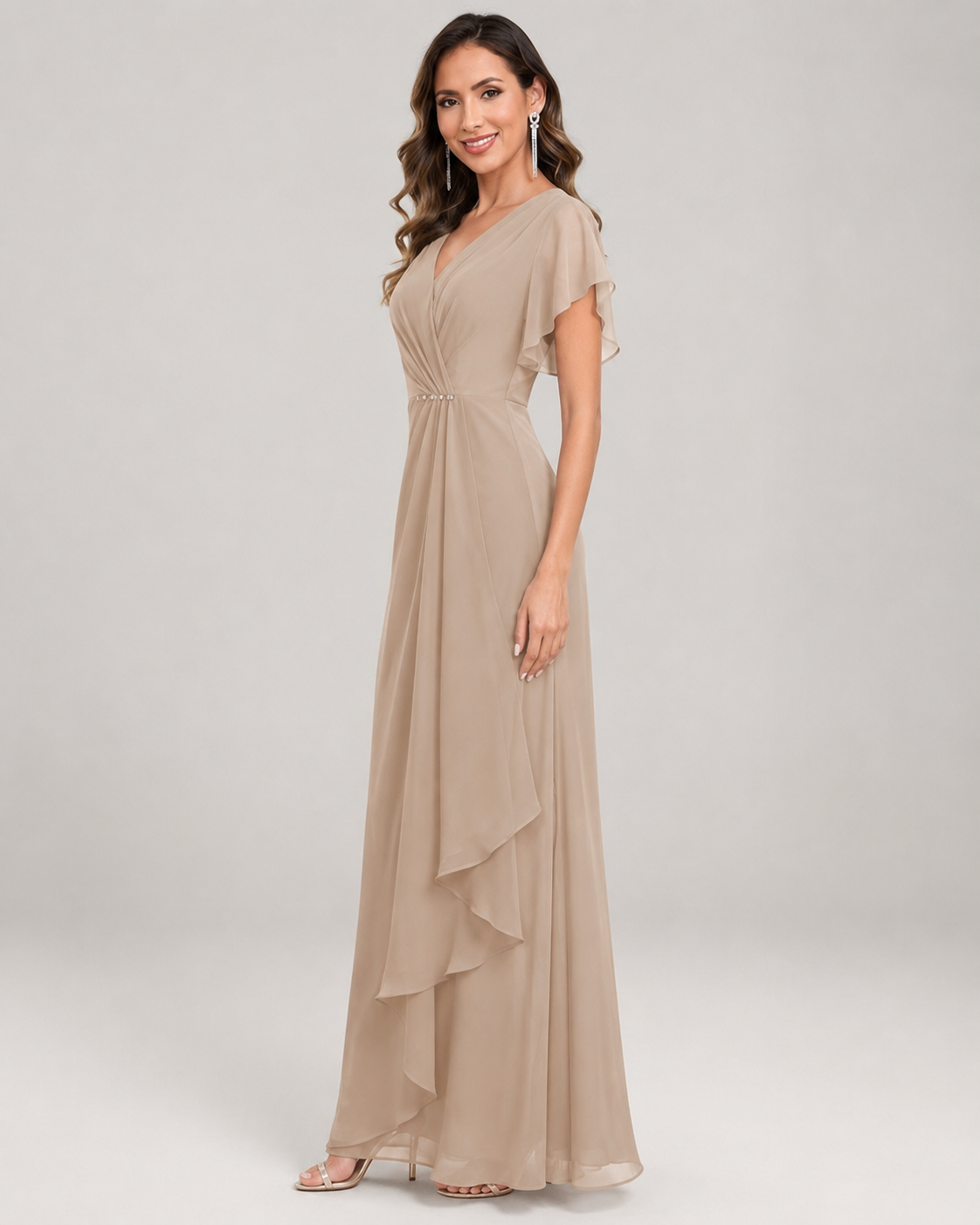 Beatrice Chiffon V-Neck Maxi Dress with Sleeves