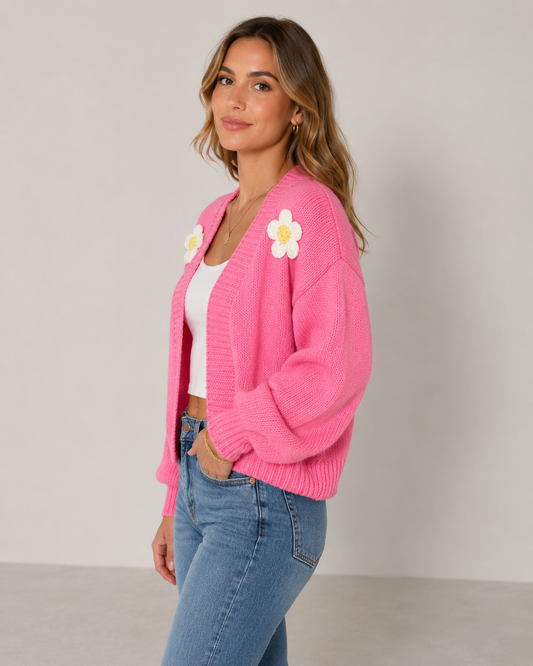Heidi Flower Knit Lantern Sleeve Cardigan Jacket