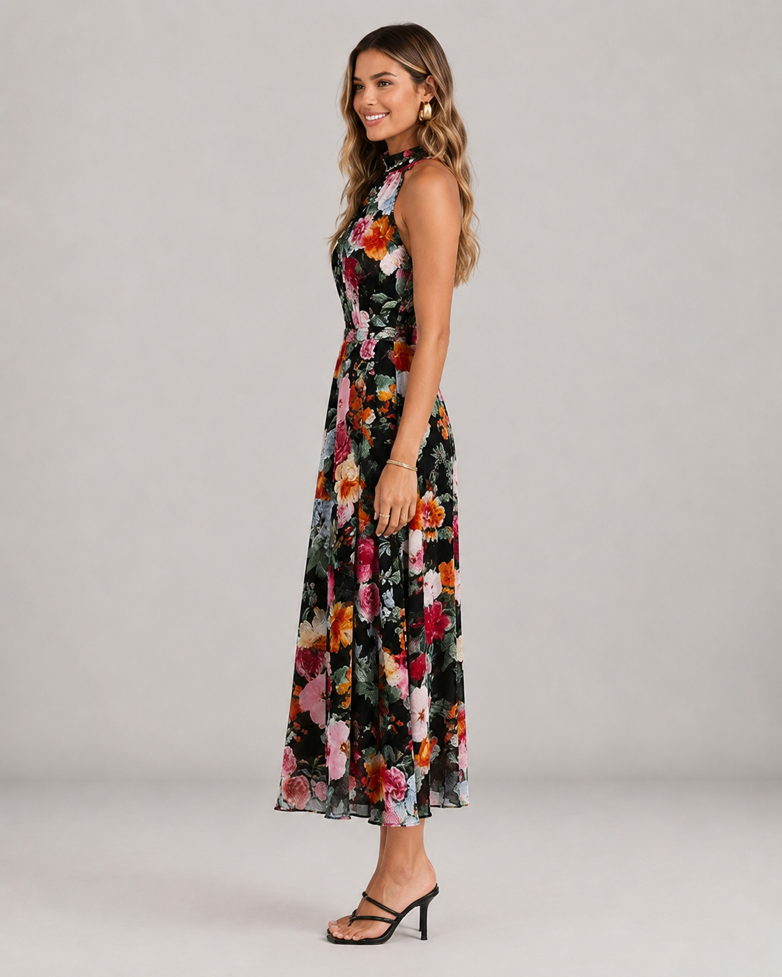 Averil Halter High Neck Print Chiffon Maxi Dress