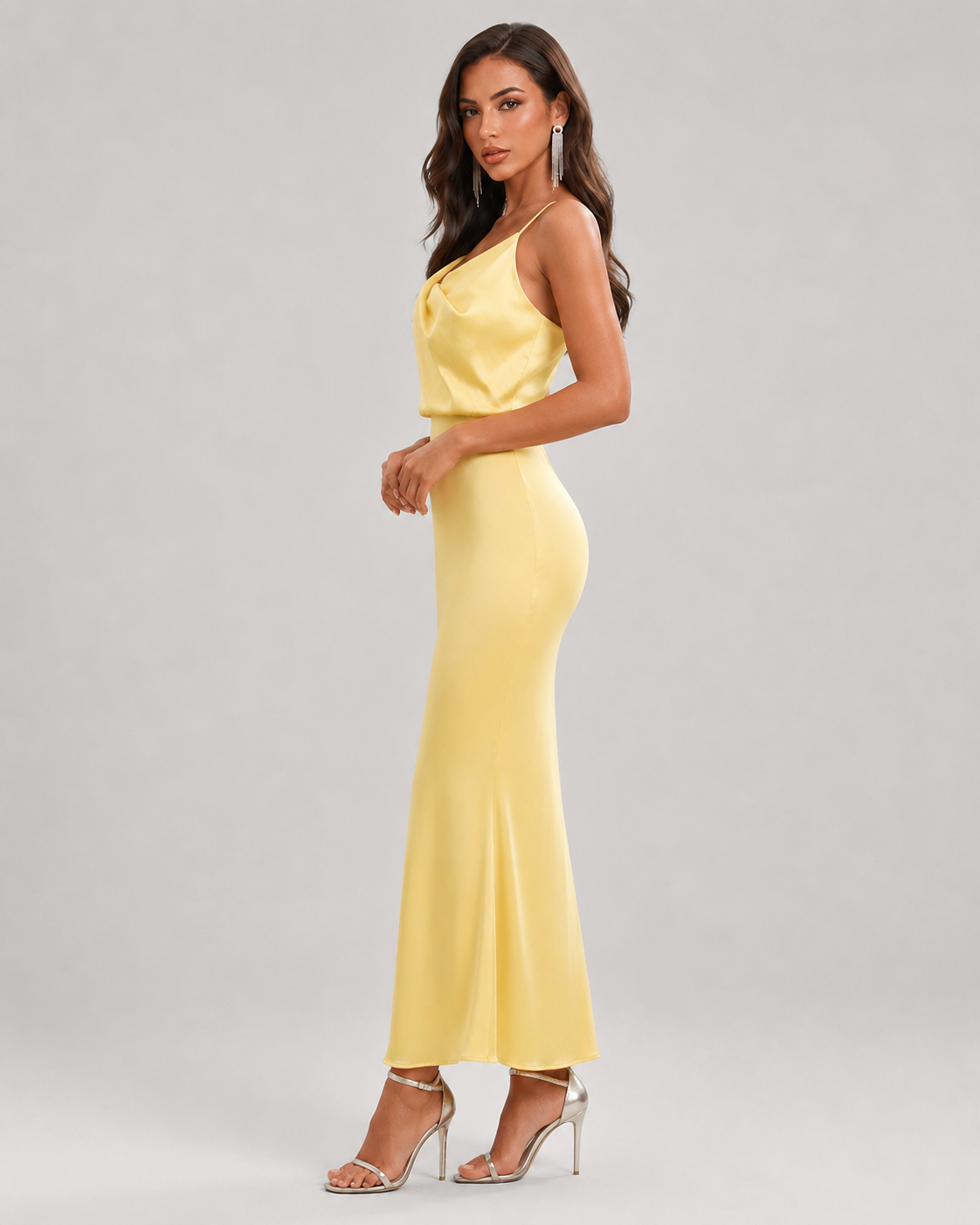 Primrose Cowl Neck Backless Satin Maxi Dress in Yellow