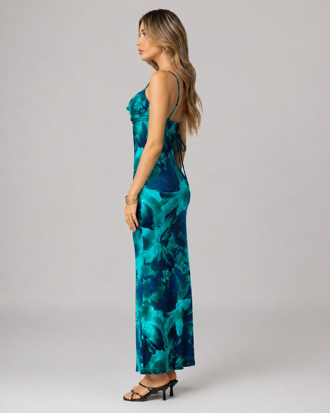 Cleo Strappy Cut-Out Print Maxi Dress in Blue