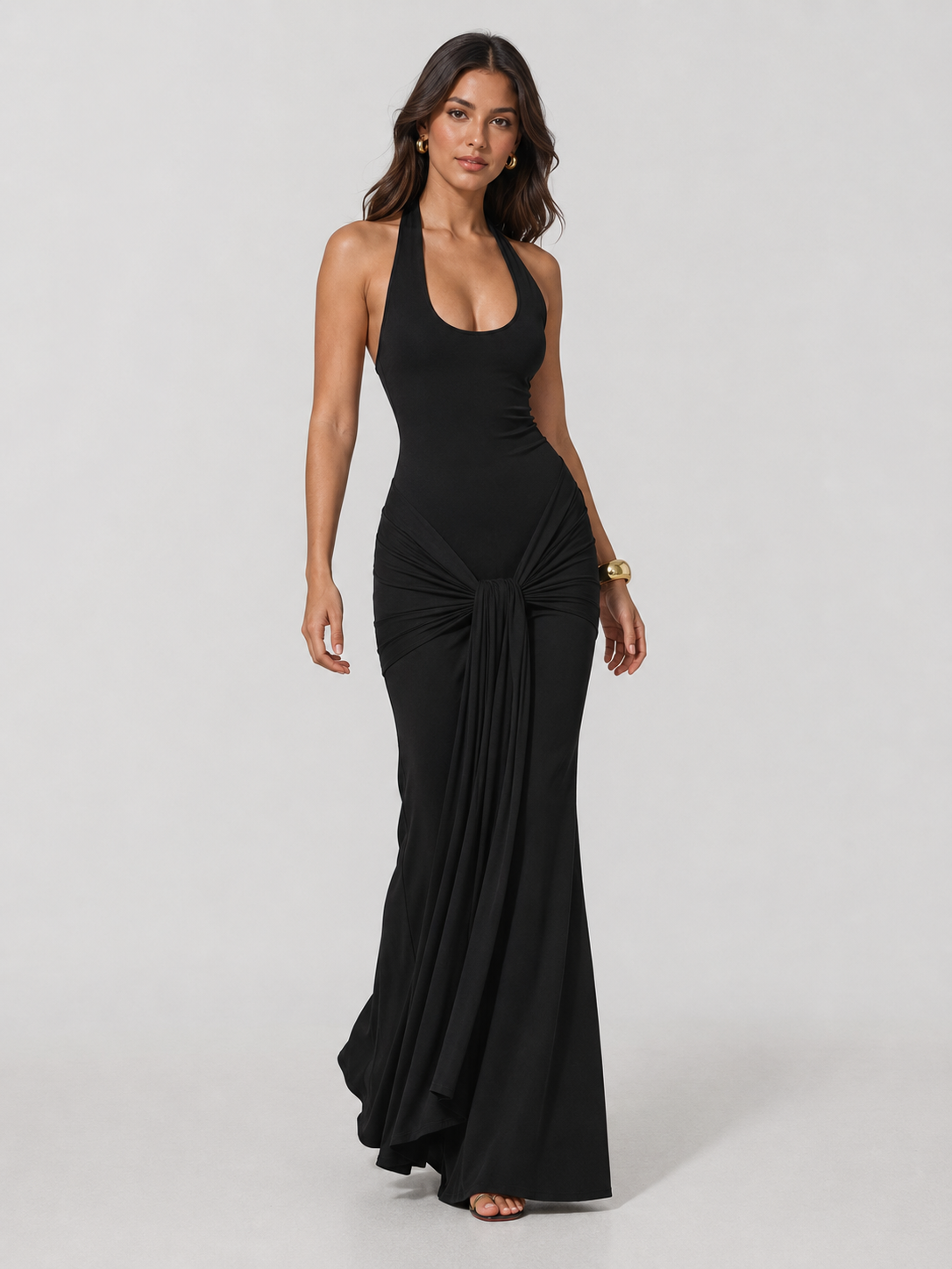 Callie Halter V Neck Draped Ruched Bodycon Maxi Dress