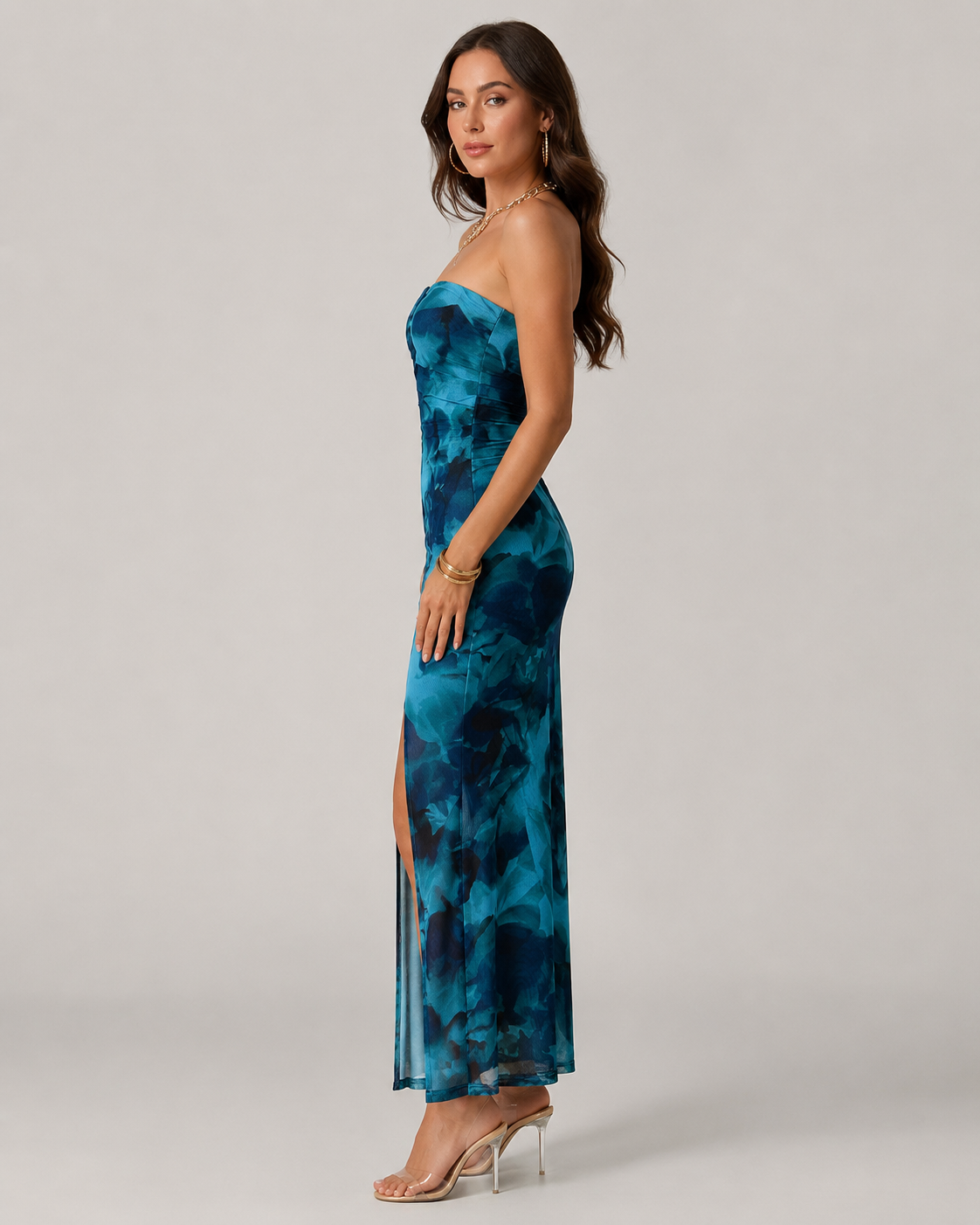 Kiki Strapless Tie Dye Print Hem Slit Midi Dress