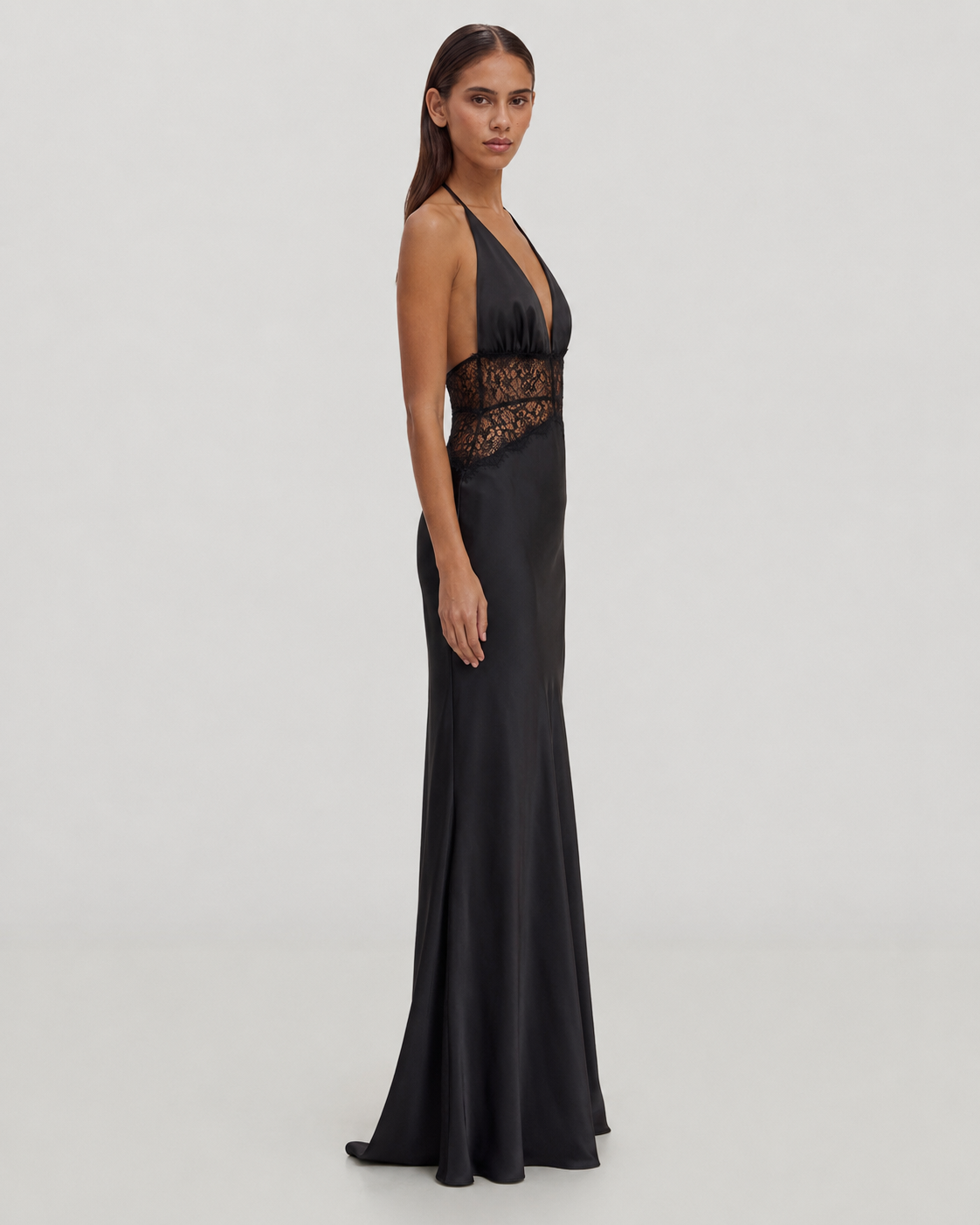 Tamsin Halter Neck Satin and Lace Backless Maxi Dress