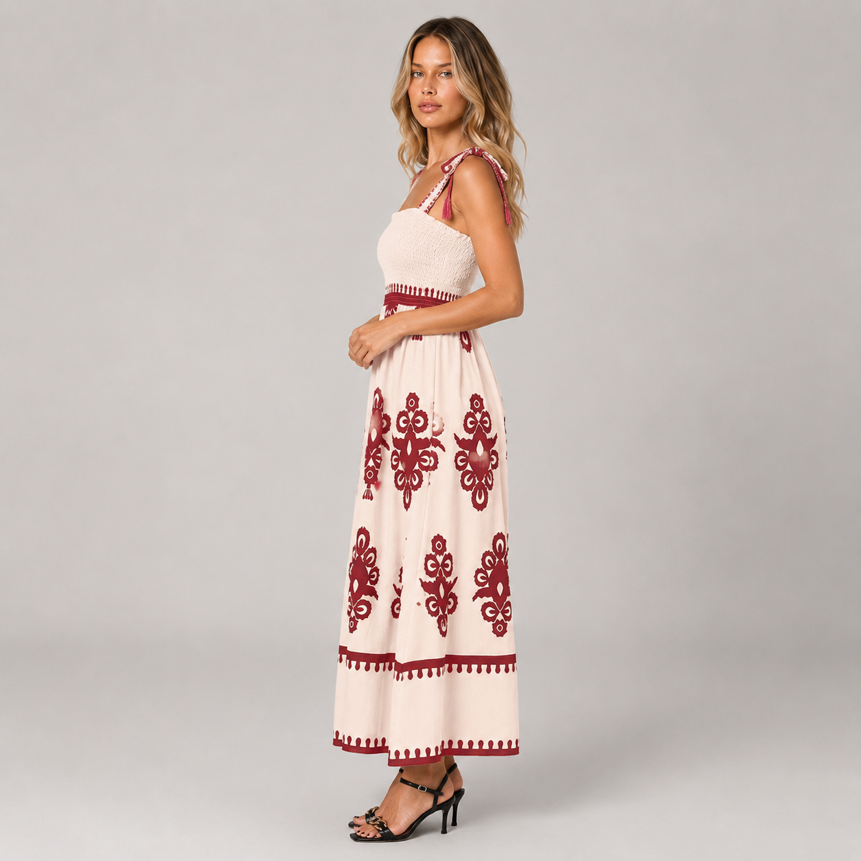Meadow Strappy Fit and Flare Boho Print Maxi Dress