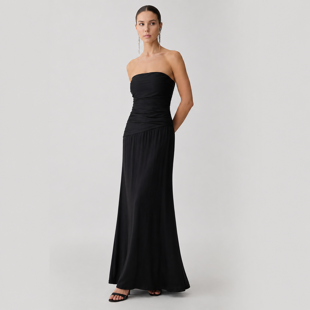 Blythe Strapless Ruched Lace-Up Maxi Dress in Black