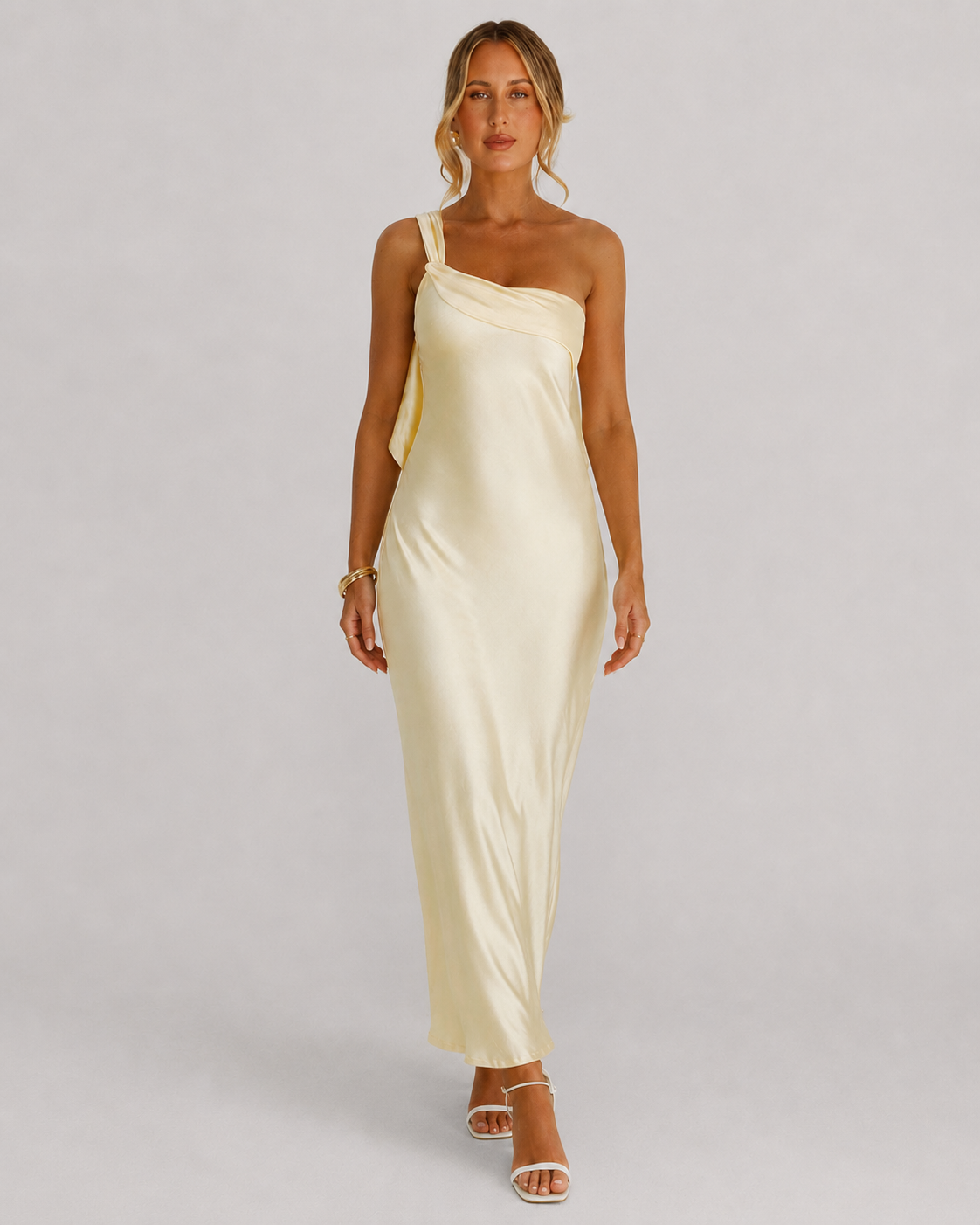 Sorrel One Shoulder Satin Thigh Split Maxi Dress