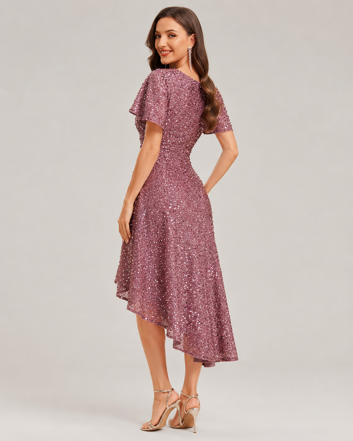 Winnie Ruffle Sleeve Deep V Sequin High Low Dress