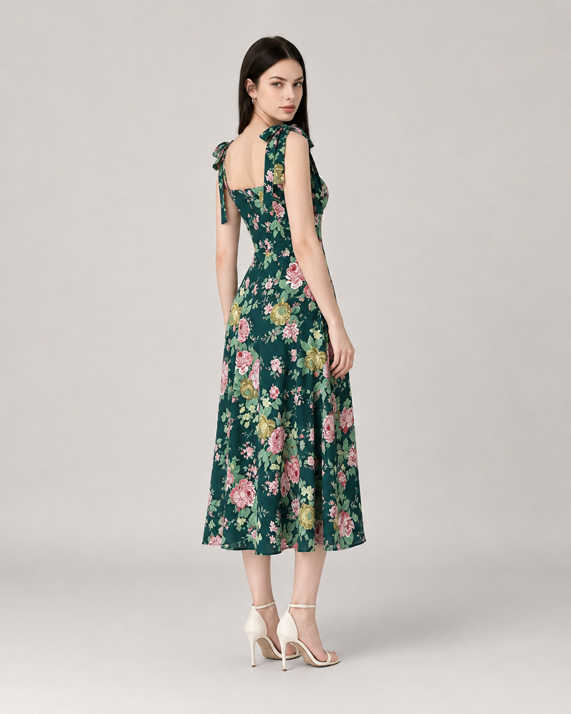Camille Square Neck Floral Midi Dress in Vintage Green