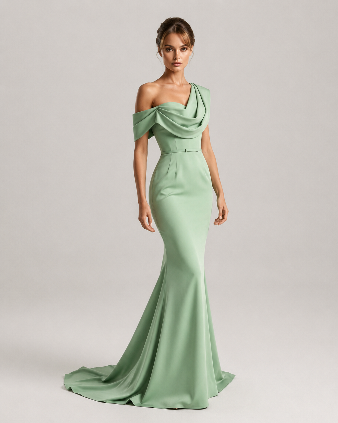 Guinevere One Shoulder Draped Satin Prom Dress in Sage Green