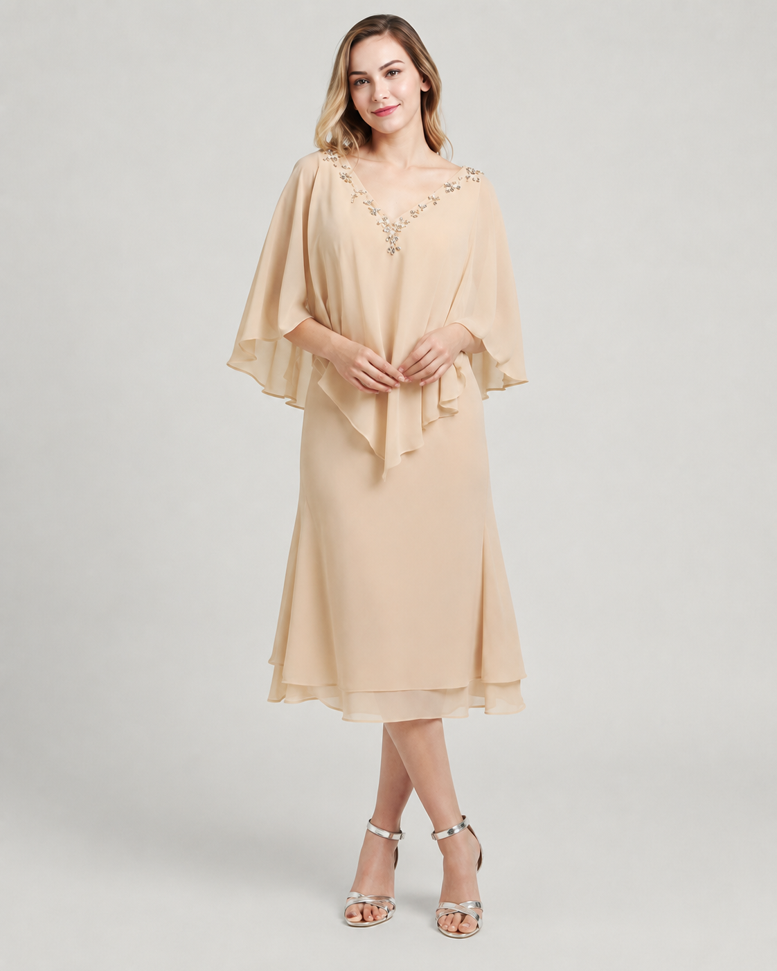 Constance Crystal Chiffon Tea Length Dress with Sleeves