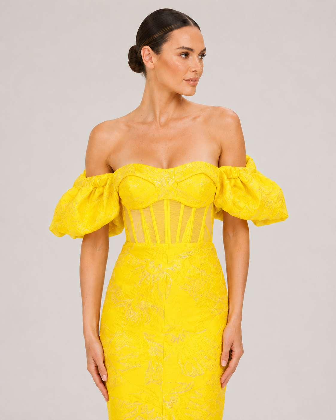 Marigold Ruffle Trim Sequin Jacquard Dress in Yellow