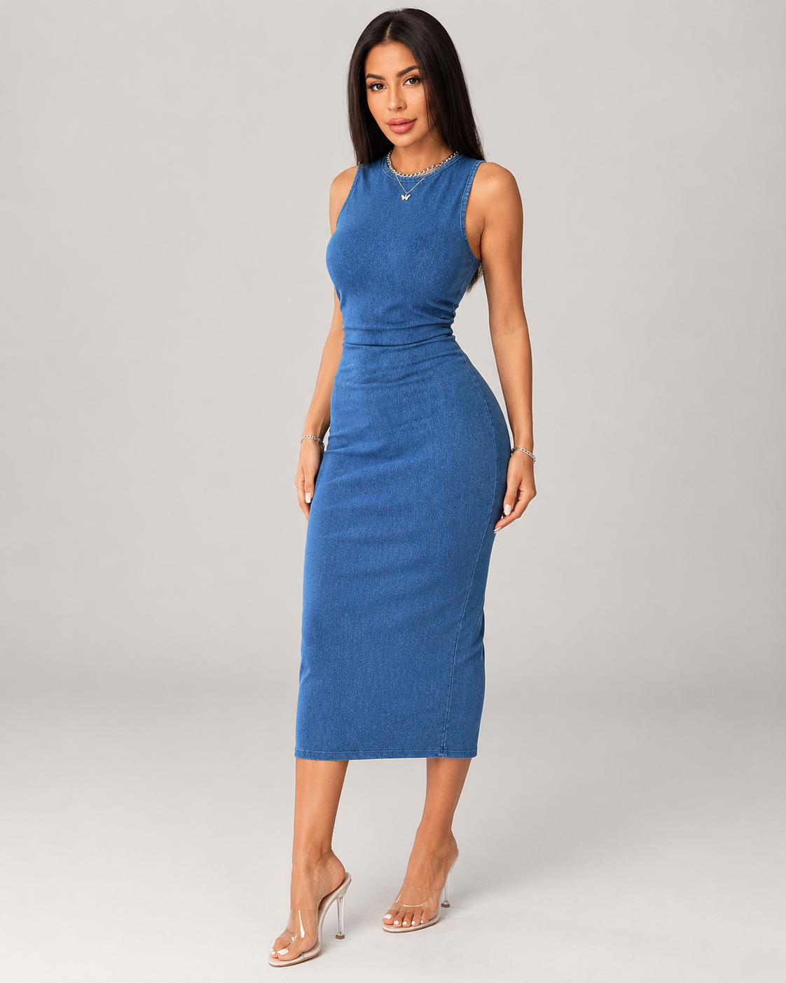 Jodie Sleeveless Bodycon Denim Maxi Dress in Blue