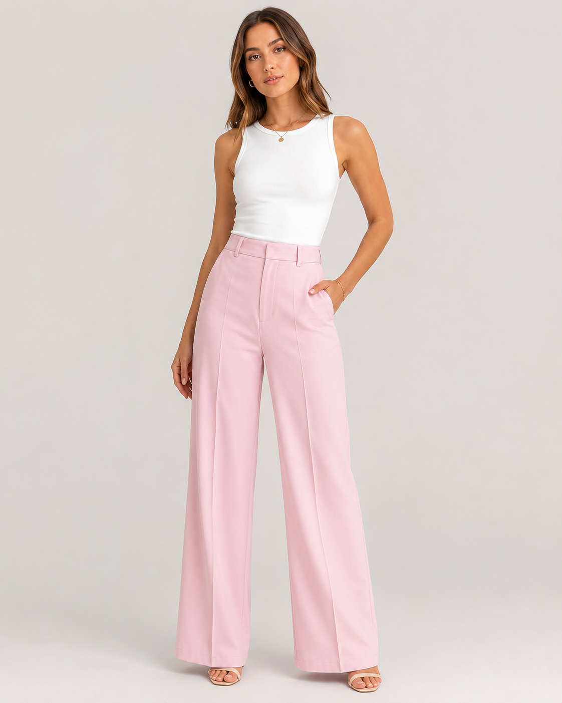 Rosie Pleat Front High Waist Wide Leg Trousers in Pink