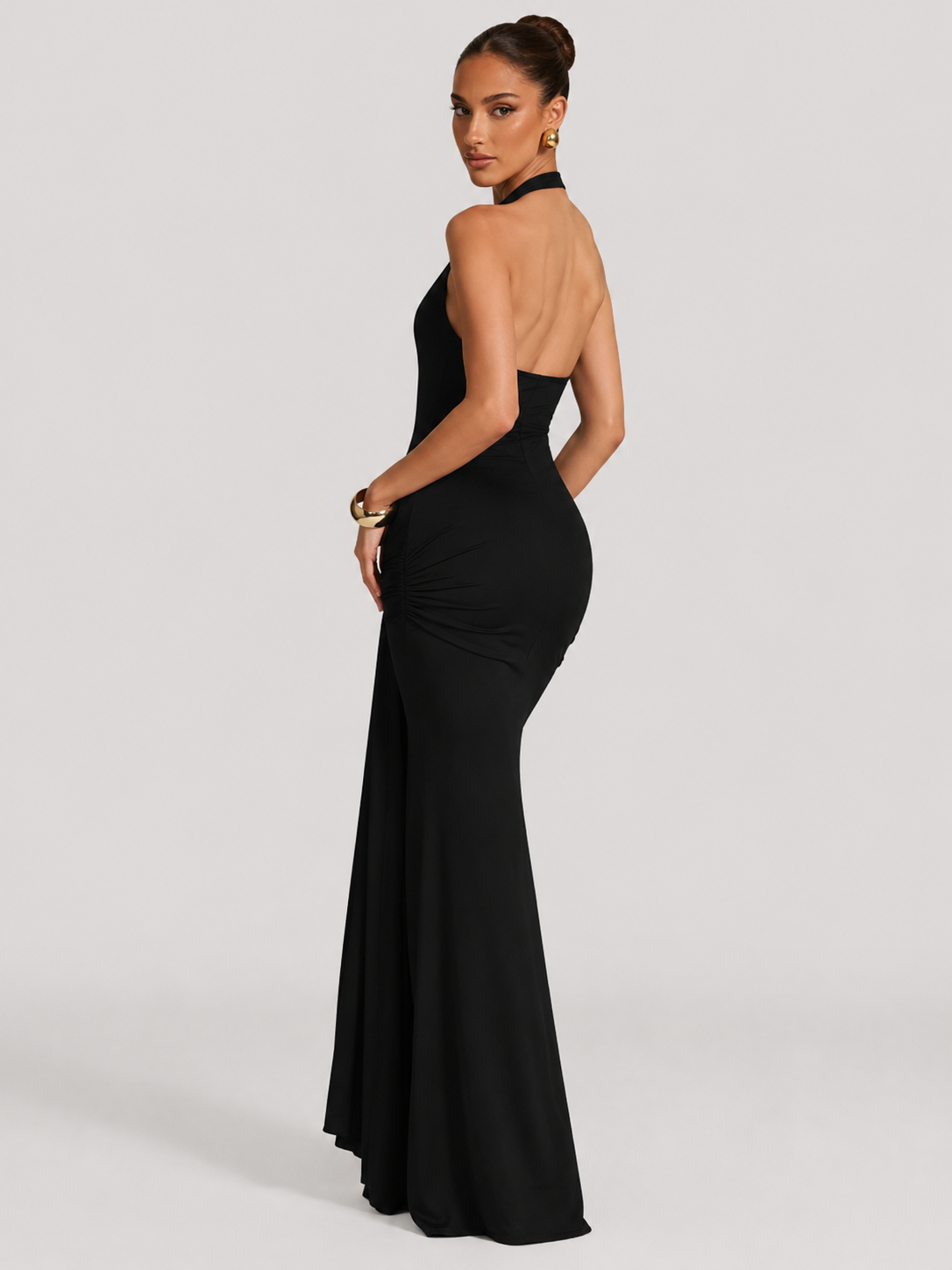 Callie Halter V Neck Draped Ruched Bodycon Maxi Dress