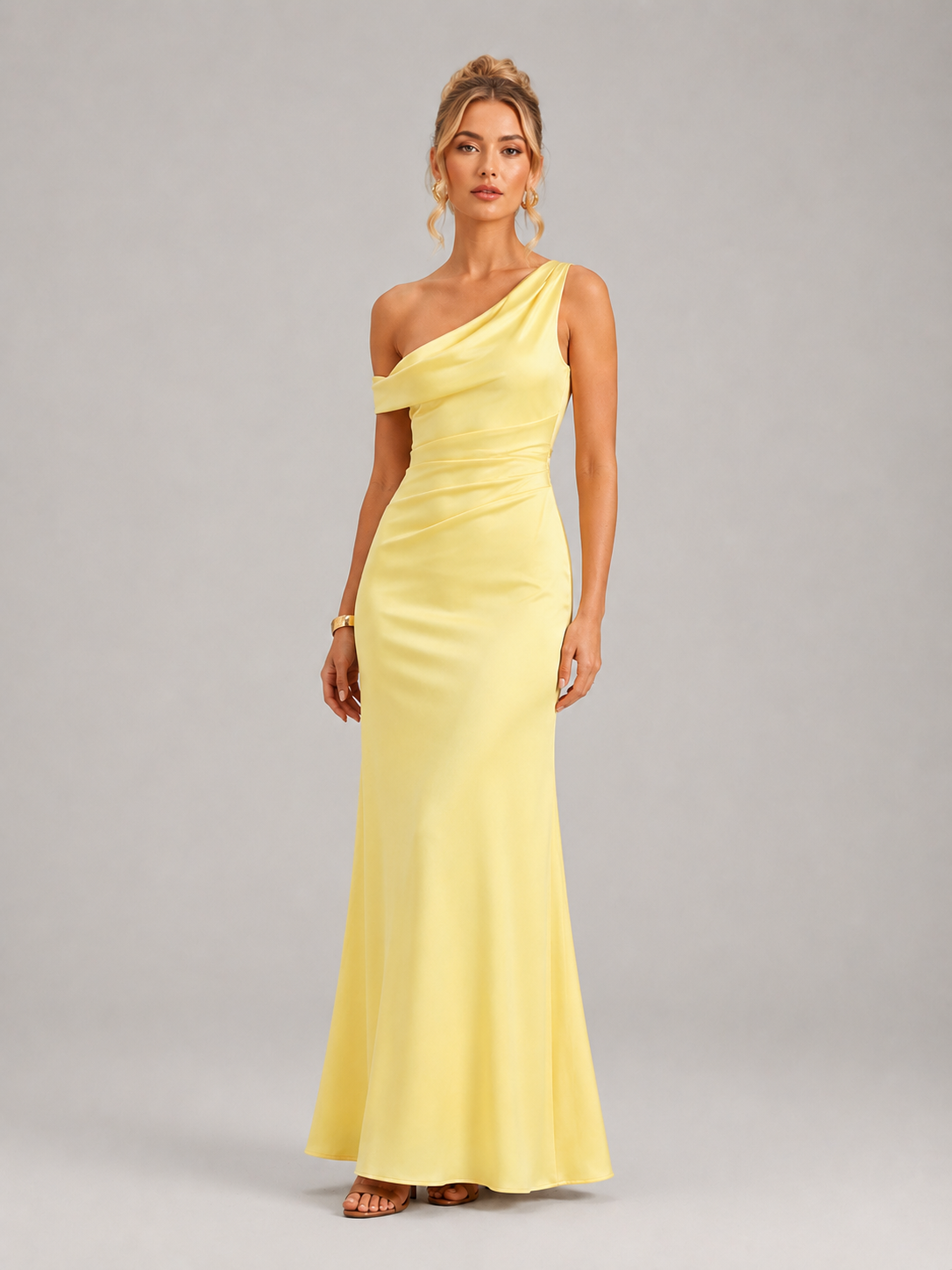 Etta One Shoulder Satin Bodycon Maxi Dress in Yellow