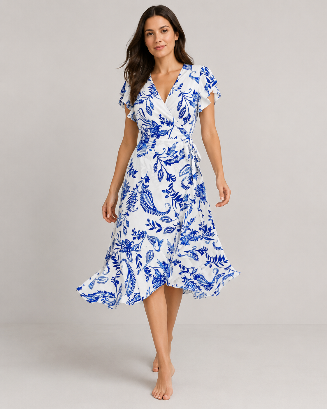 Flora Flutter Sleeve Lace-Up Print Midi Dress