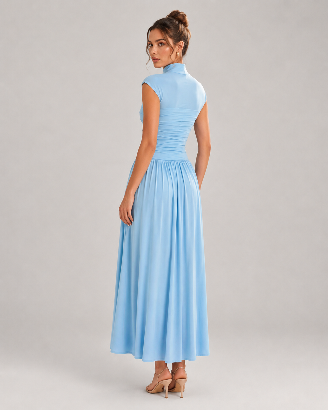Pearl Long Sleeve Draped Fold Detail Maxi Dress in Blue