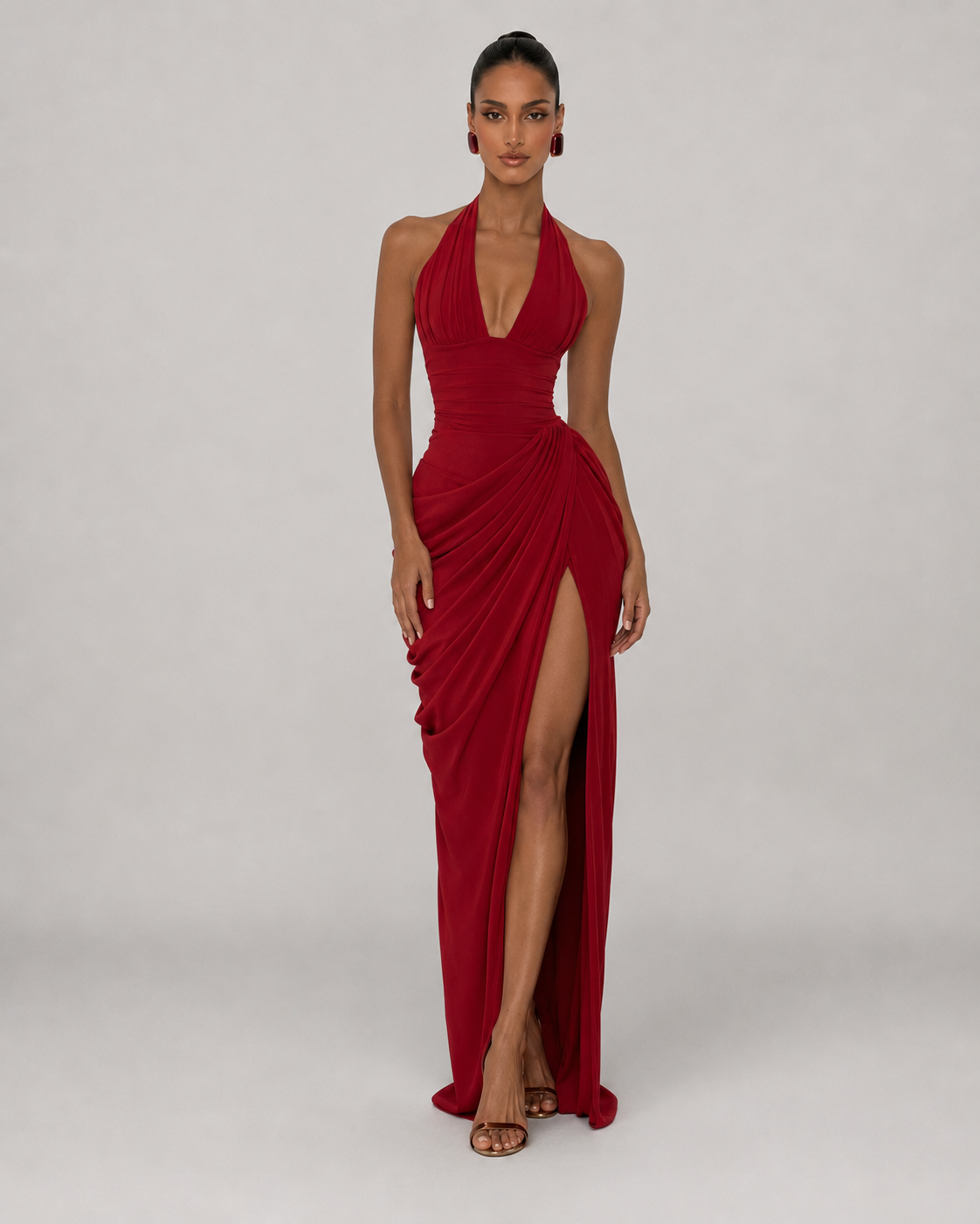 Xanthe Halter Deep V Ruched High Slit Satin Maxi Dress