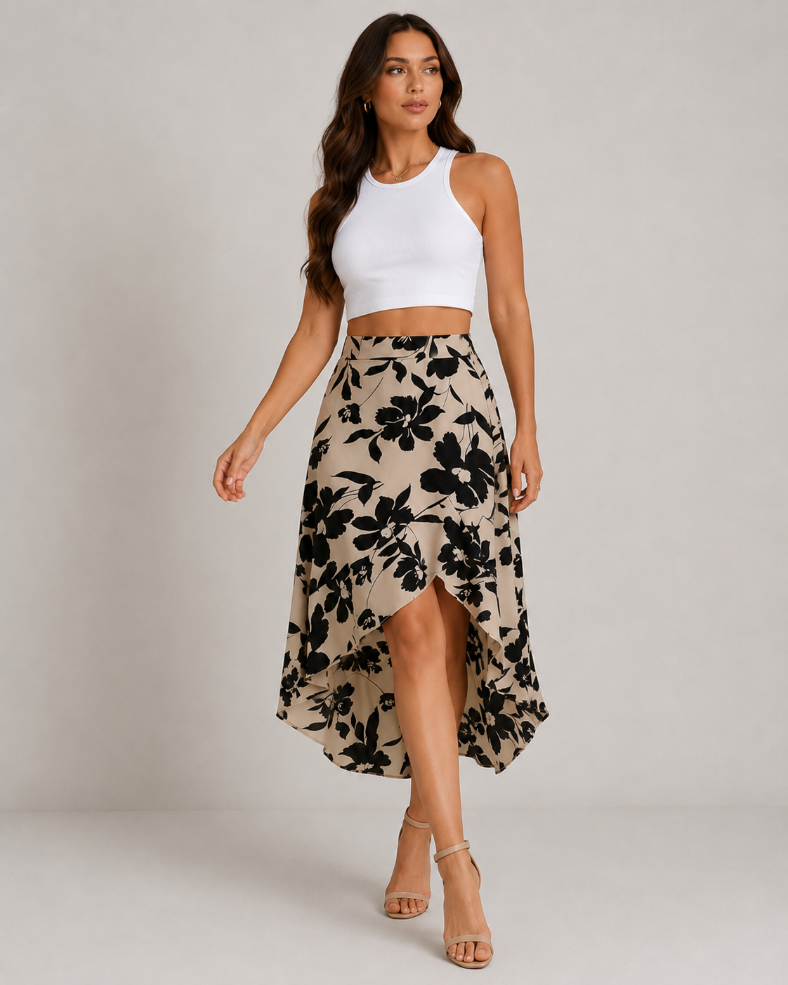 Fleur Asymmetric Ruffle Hem Floral Midi Skirt