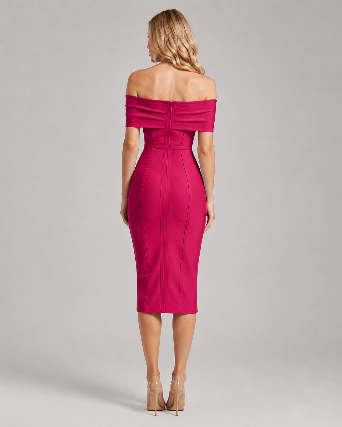 Nova Off Shoulder Bandage Bodycon Midi Dress in Fuchsia