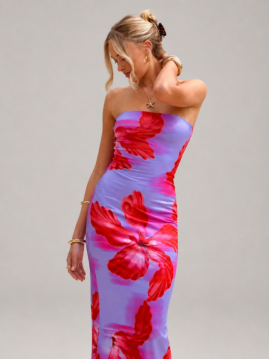 Calla Strapless Floral Print High Waist Midi Dress