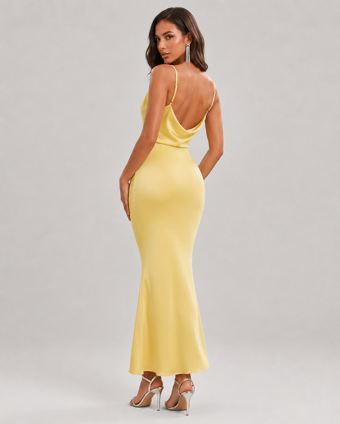 Primrose Cowl Neck Backless Satin Maxi Dress in Yellow