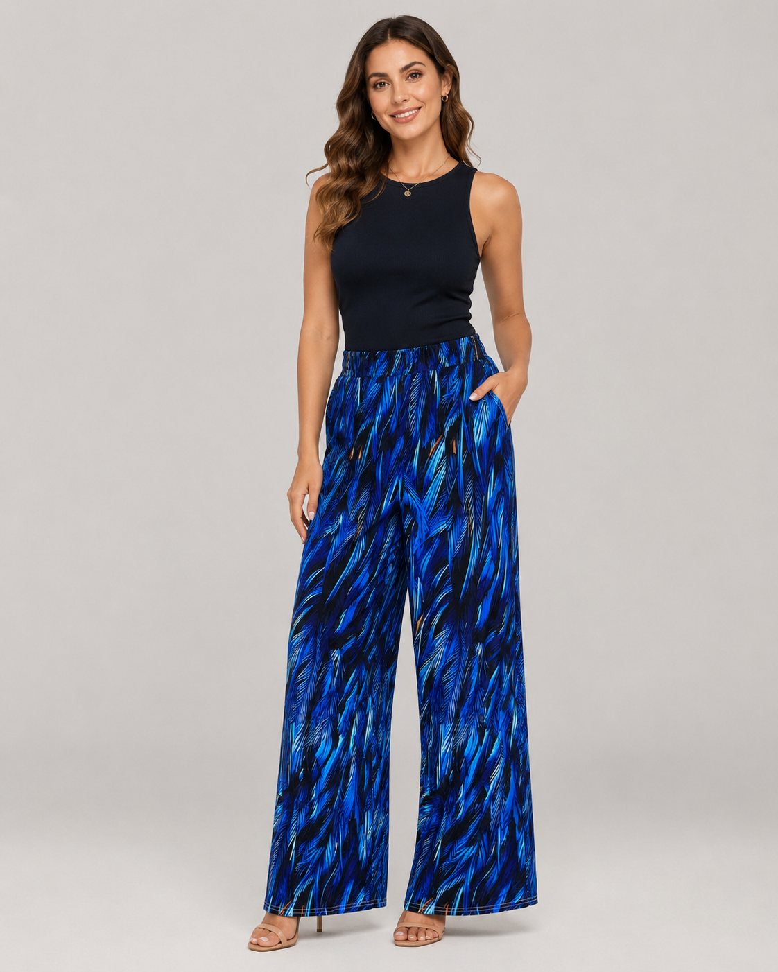 Isla Feather Print Sleeveless Wide Leg Jumpsuit in Blue