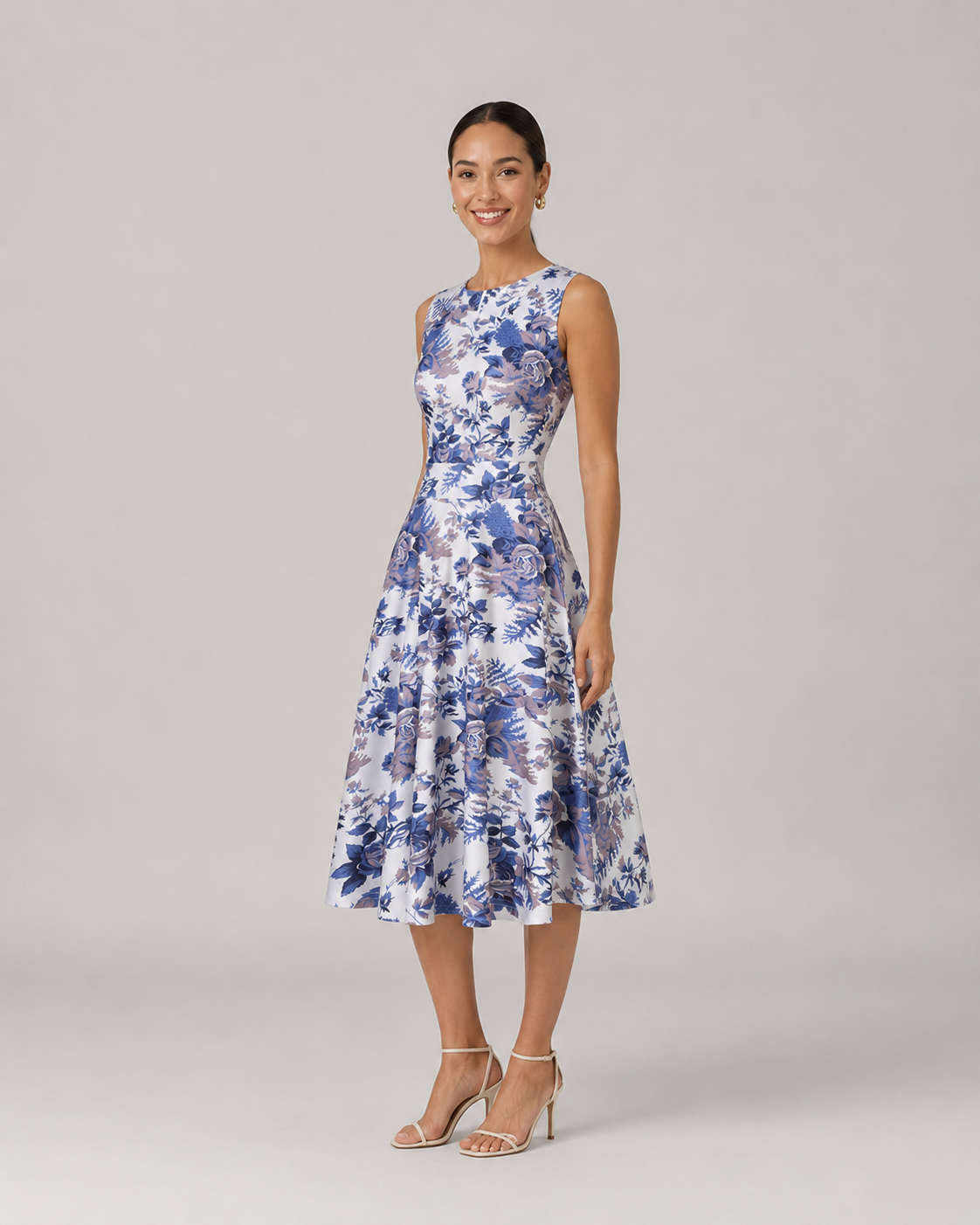 Audrey Round Neck Vintage Floral Midi Dress in Sky Blue
