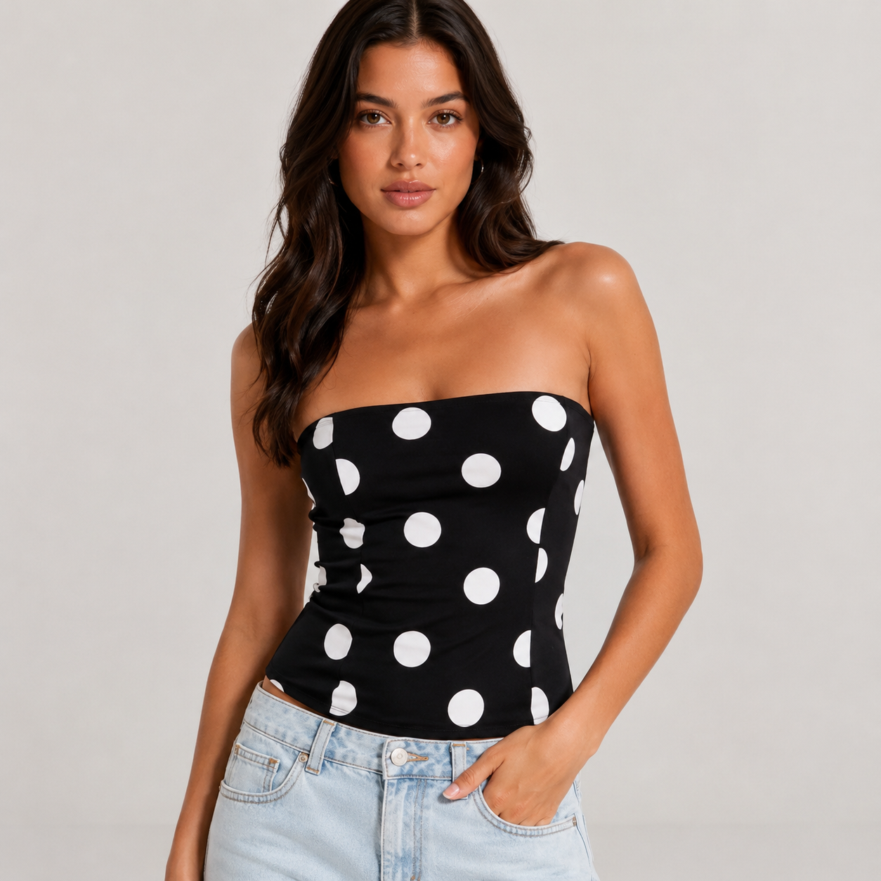 Dodie Polka Dot Tie Front Strapless Corset Top