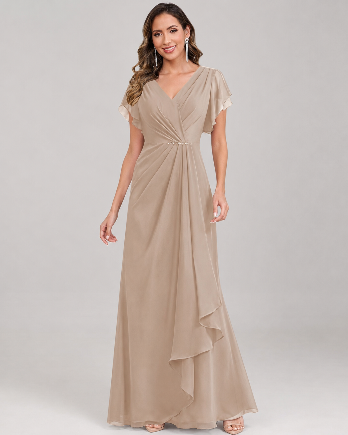 Beatrice Chiffon V-Neck Maxi Dress with Sleeves