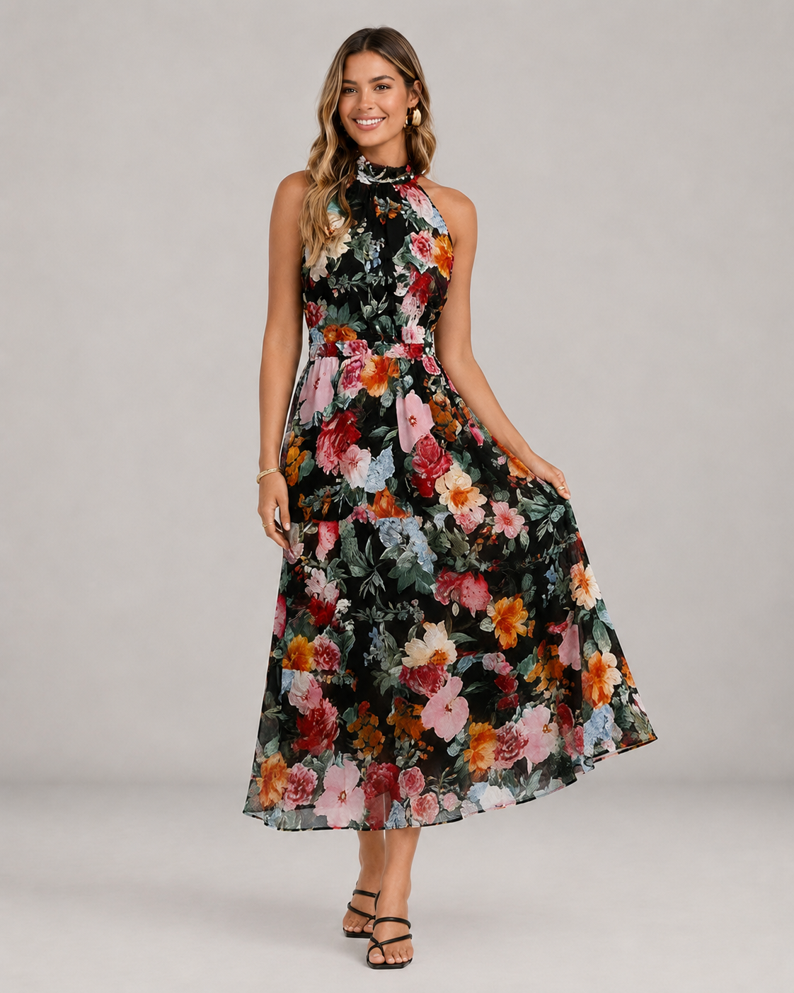 Averil Halter High Neck Print Chiffon Maxi Dress