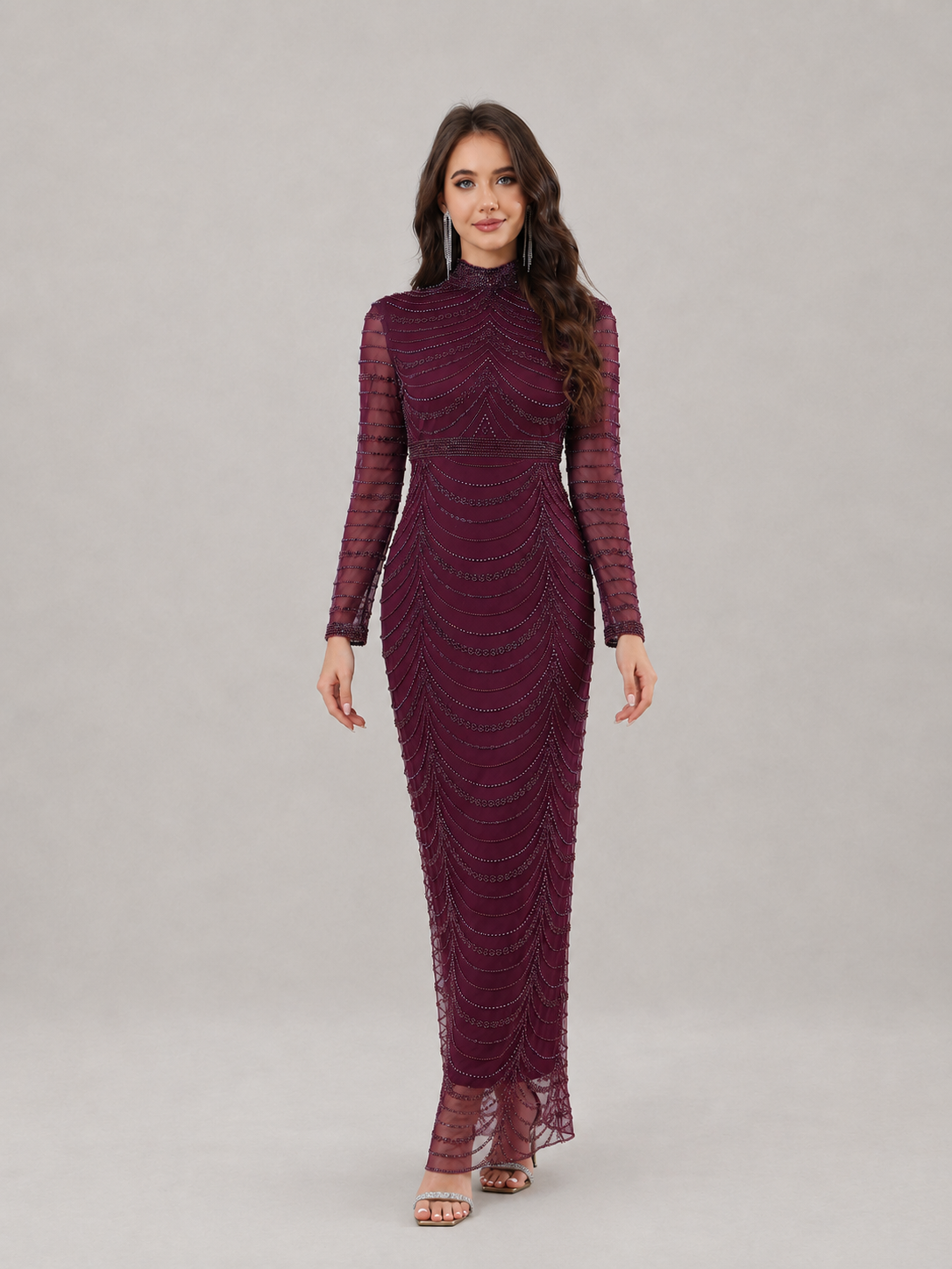Theodora Sequin Beaded High Neck Evening Gown in Purple