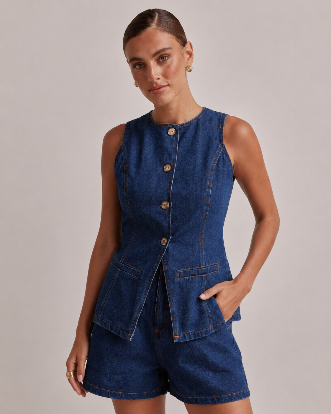 Cassia Waist Cinched Top and Denim Shorts Co-ord Set