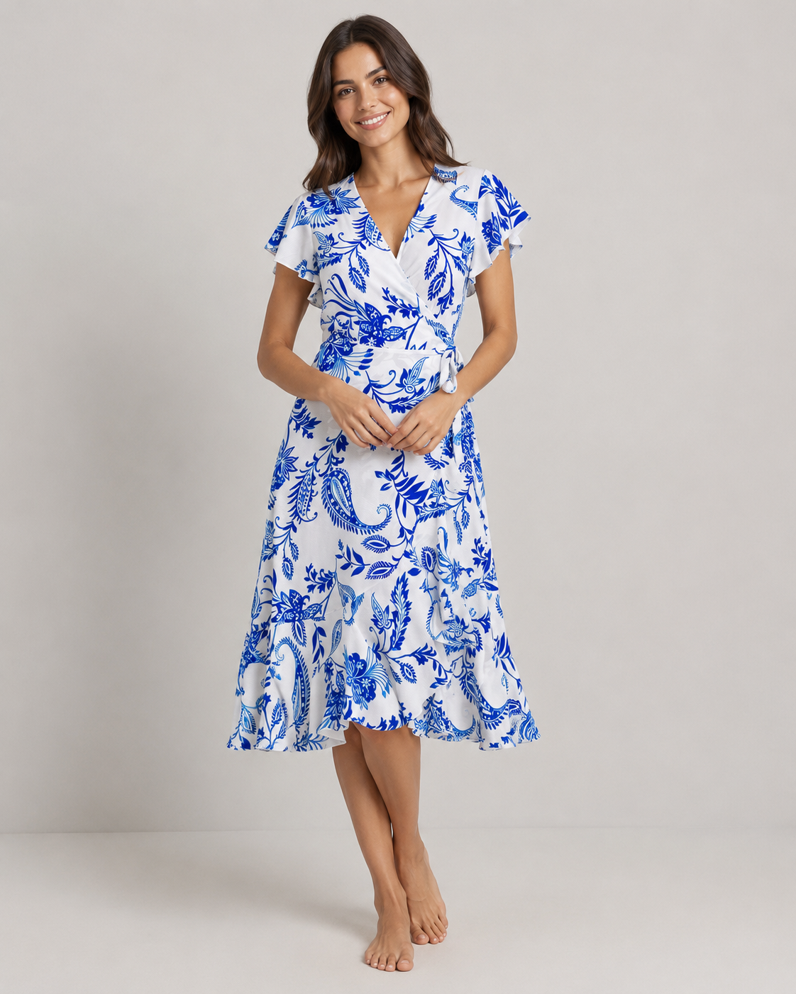 Flora Flutter Sleeve Lace-Up Print Midi Dress