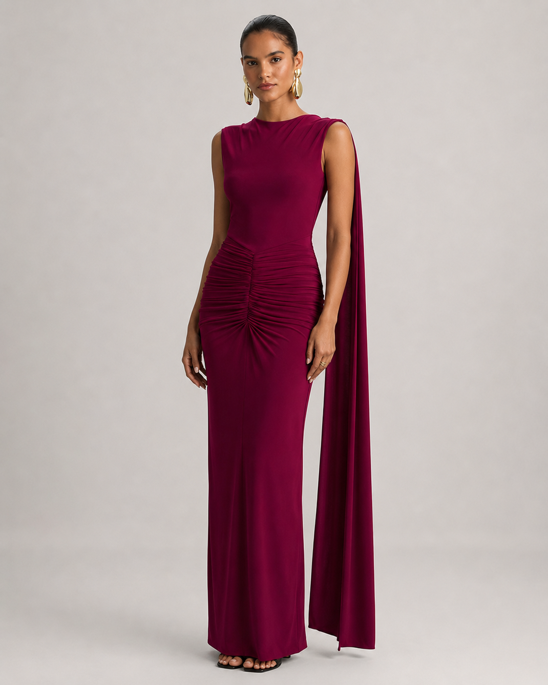 Verena Square Neck Backless Ruched Maxi Dress with Ribbon