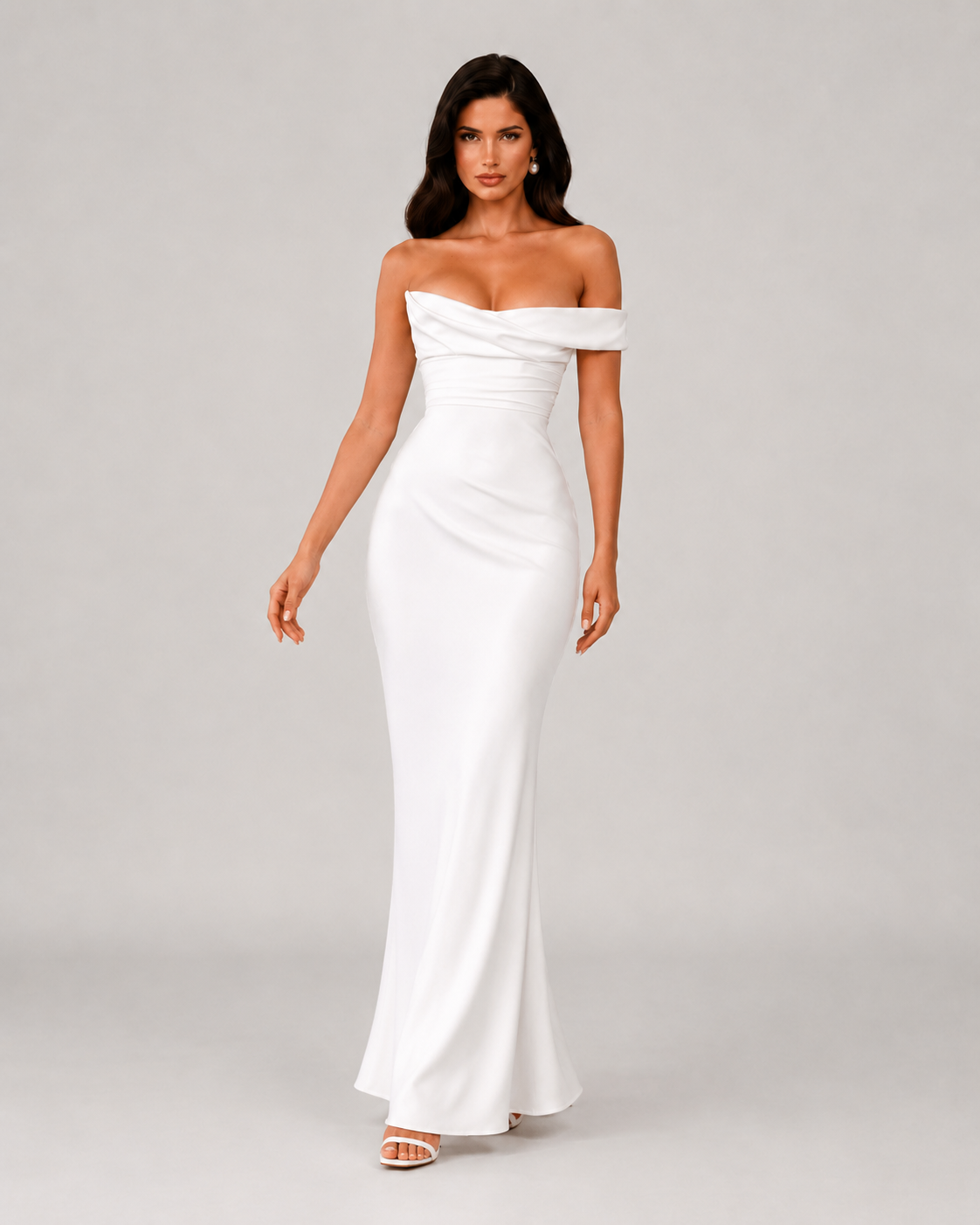 Rosalind Off Shoulder Satin Mermaid Maxi Dress in White