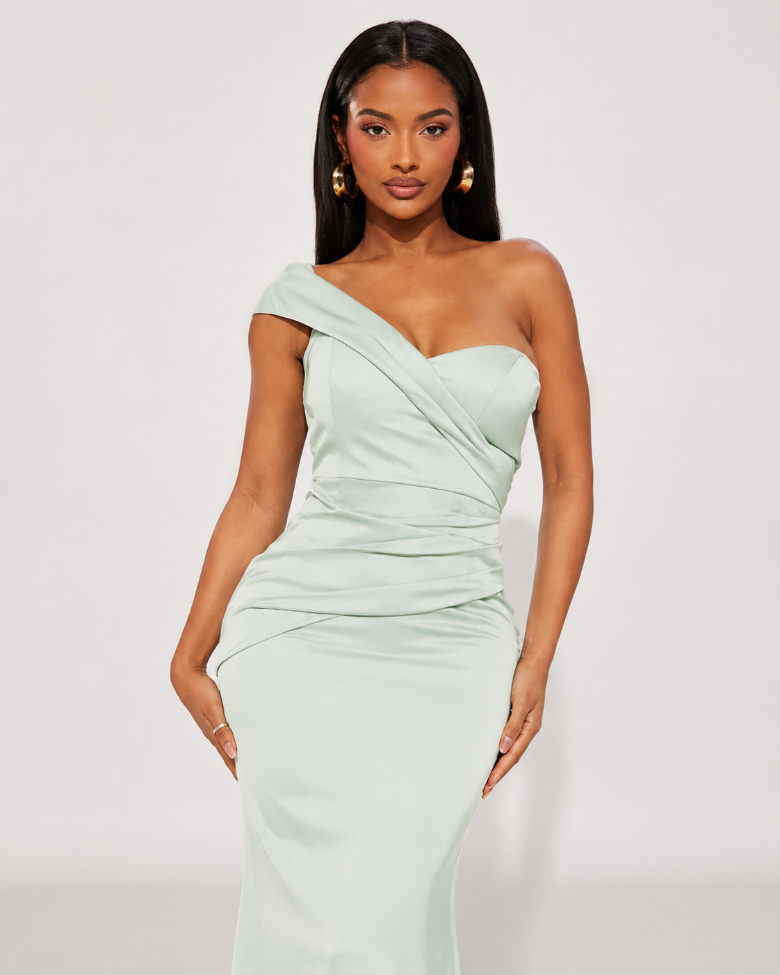 Lettie One Shoulder Satin Mermaid Prom Dress in Light Green
